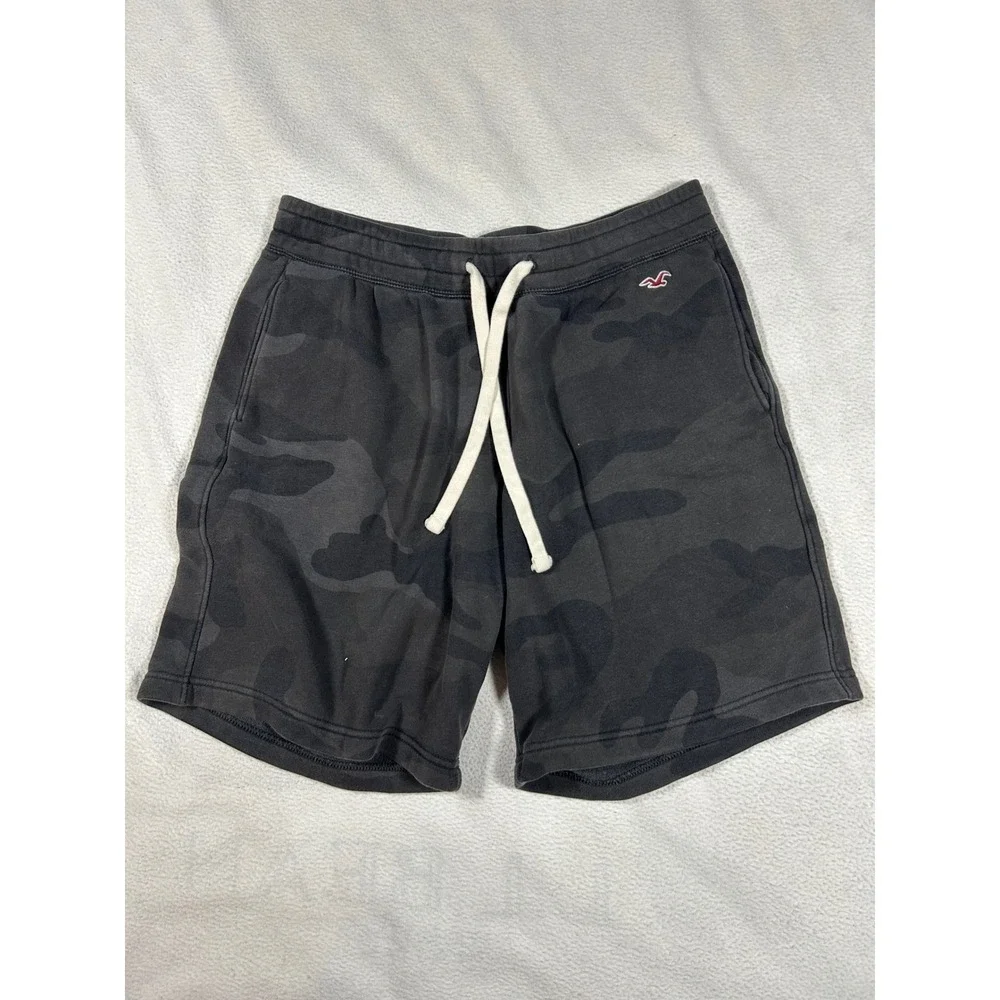Hollister Sweat Shorts Mens Medium Black Camo Fleece Drawstring Athletic‎